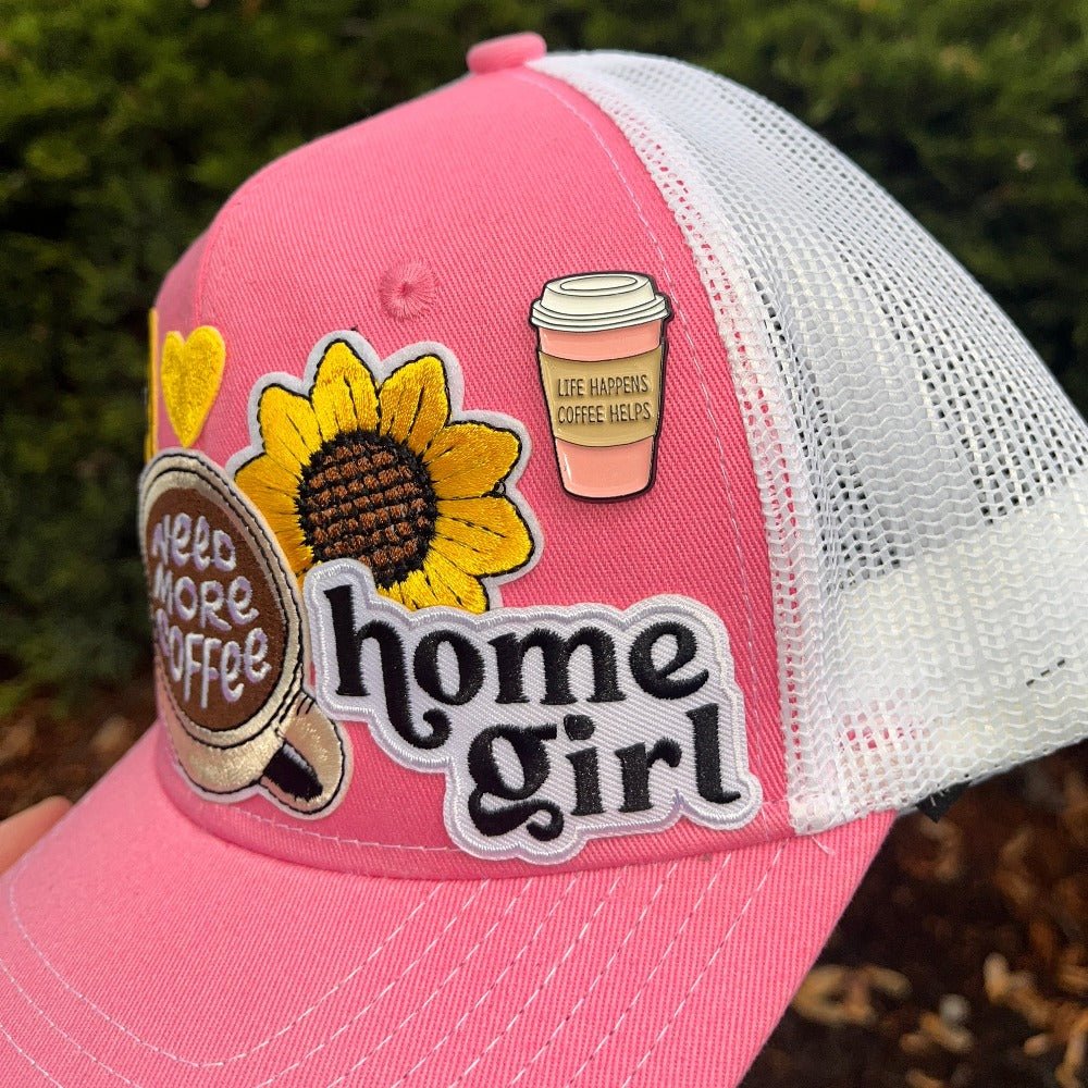 Patch Trucker Hat - Home Girl- Need More Coffee - Flowers - Smiley Face (Middle Finger) - Enamel Pin Life Happens - Coffee Helps - All Things Real Estate
