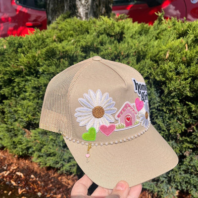 Patch Trucker Hat - Pink House Patch - Daisies - Hearts - Pearl chain & key charm - All Things Real Estate