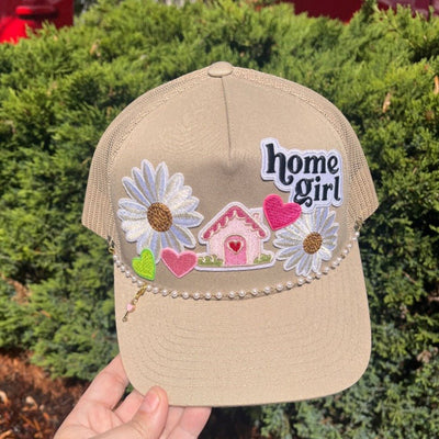 Patch Trucker Hat - Pink House Patch - Daisies - Hearts - Pearl chain & key charm - All Things Real Estate