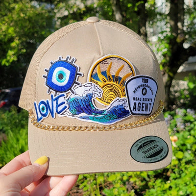 Patch Trucker Hat - Your Neighborhood Agent patch - Sun - Waves - Evil Eye - Gold Chain - All Things Real Estate