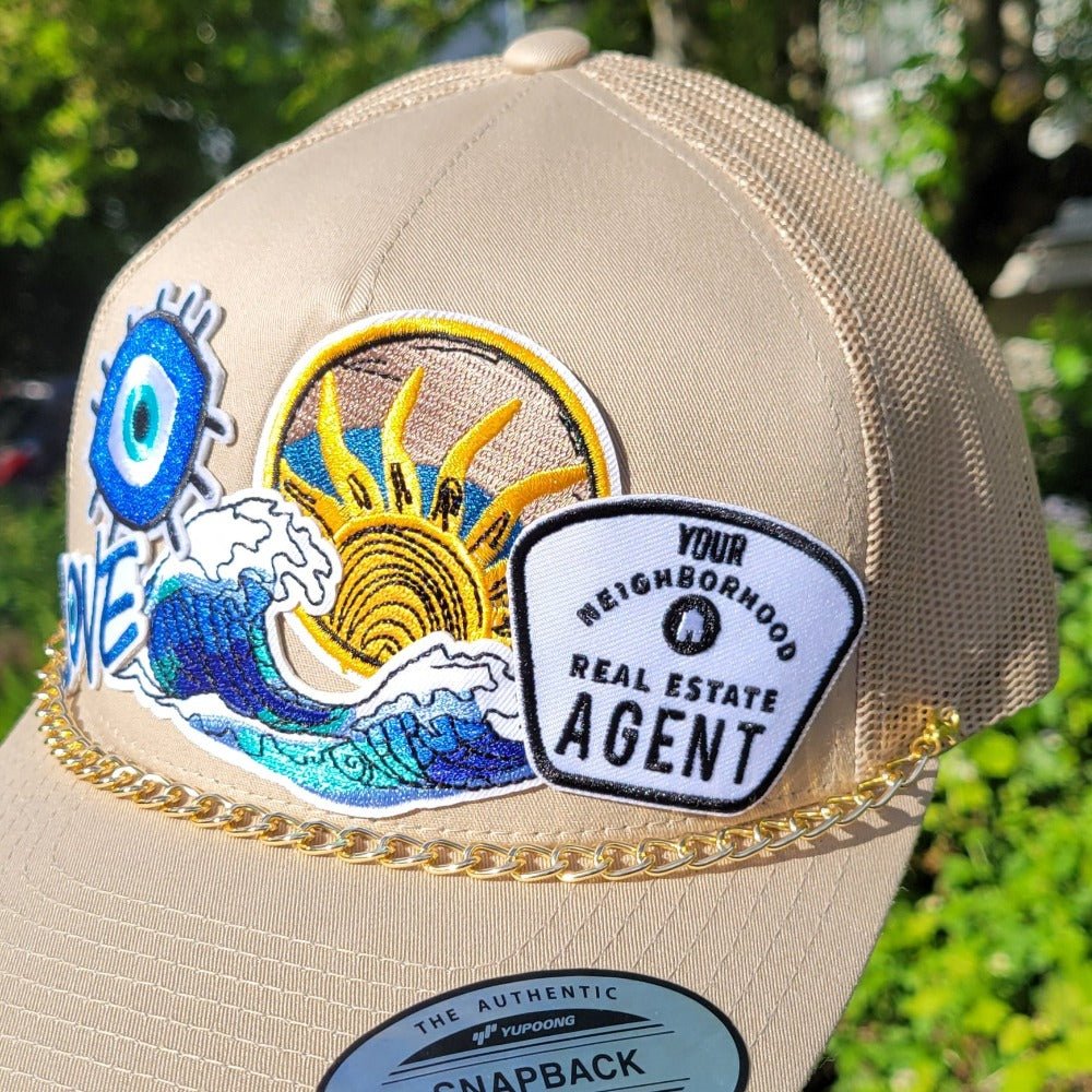 Patch Trucker Hat - Your Neighborhood Agent patch - Sun - Waves - Evil Eye - Gold Chain - All Things Real Estate