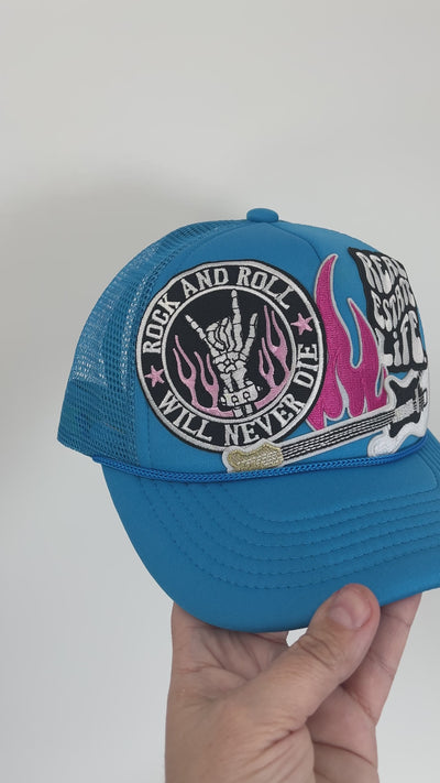 Patch Foam Trucker Hat  - Real Estate Life - Guitar - Rock & Roll WIll Never Die - Flames