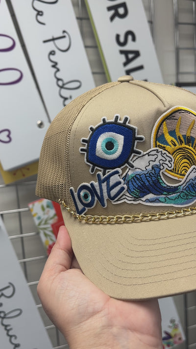 Patch Trucker Hat  - Your Neighborhood Agent patch - Sun - Waves - Evil Eye - Gold Chain