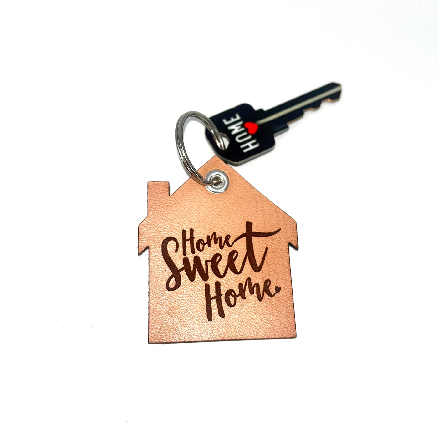 Leather Key Tag -House with Chimney- "Home Sweet Home" Script No. 1