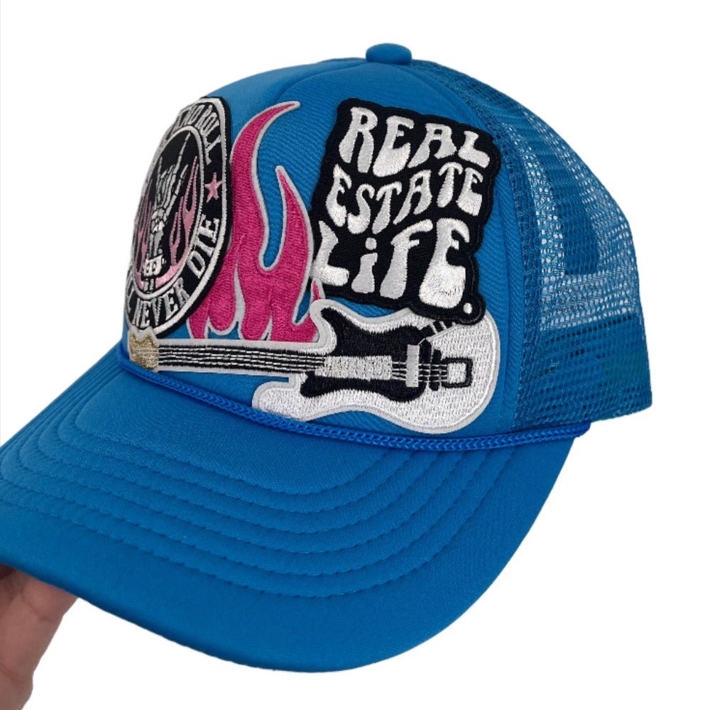 Patch Foam Trucker Hat - Real Estate Life - Guitar - Rock & Roll WIll Never Die - Flames - All Things Real Estate