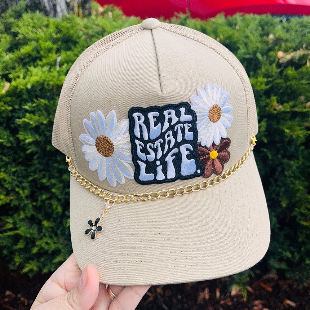 Patch Trucker Hat - Real Estate Life. - Daisies Patches - Gold Chain - Flower Charm - All Things Real Estate
