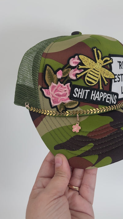 Patch Foam Trucker Hat  - Real Estate Life - Bee - Flowers - Shit Happens - Gold chain & flower charm