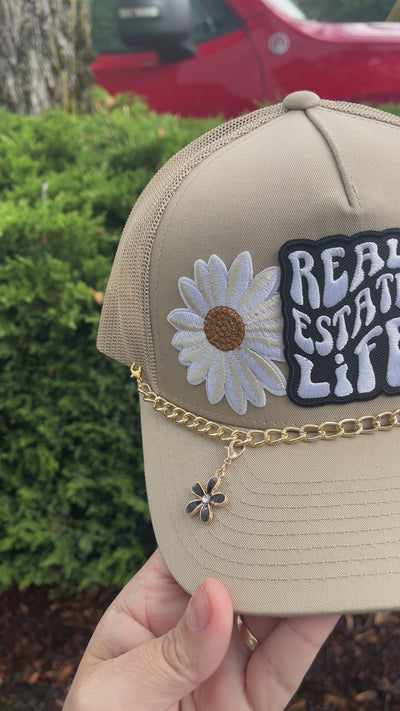 Patch Trucker Hat  - Real Estate Life. - Daisies Patches - Gold Chain - Flower Charm