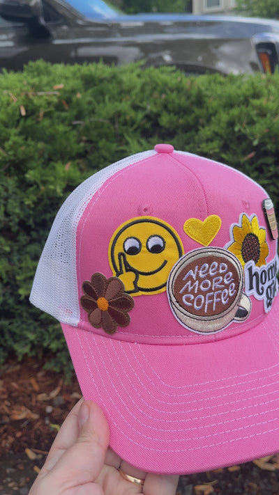 Patch Trucker Hat  -  Home Girl- Need More Coffee - Flowers - Smiley Face (Middle Finger) - Enamel Pin Life Happens - Coffee Helps