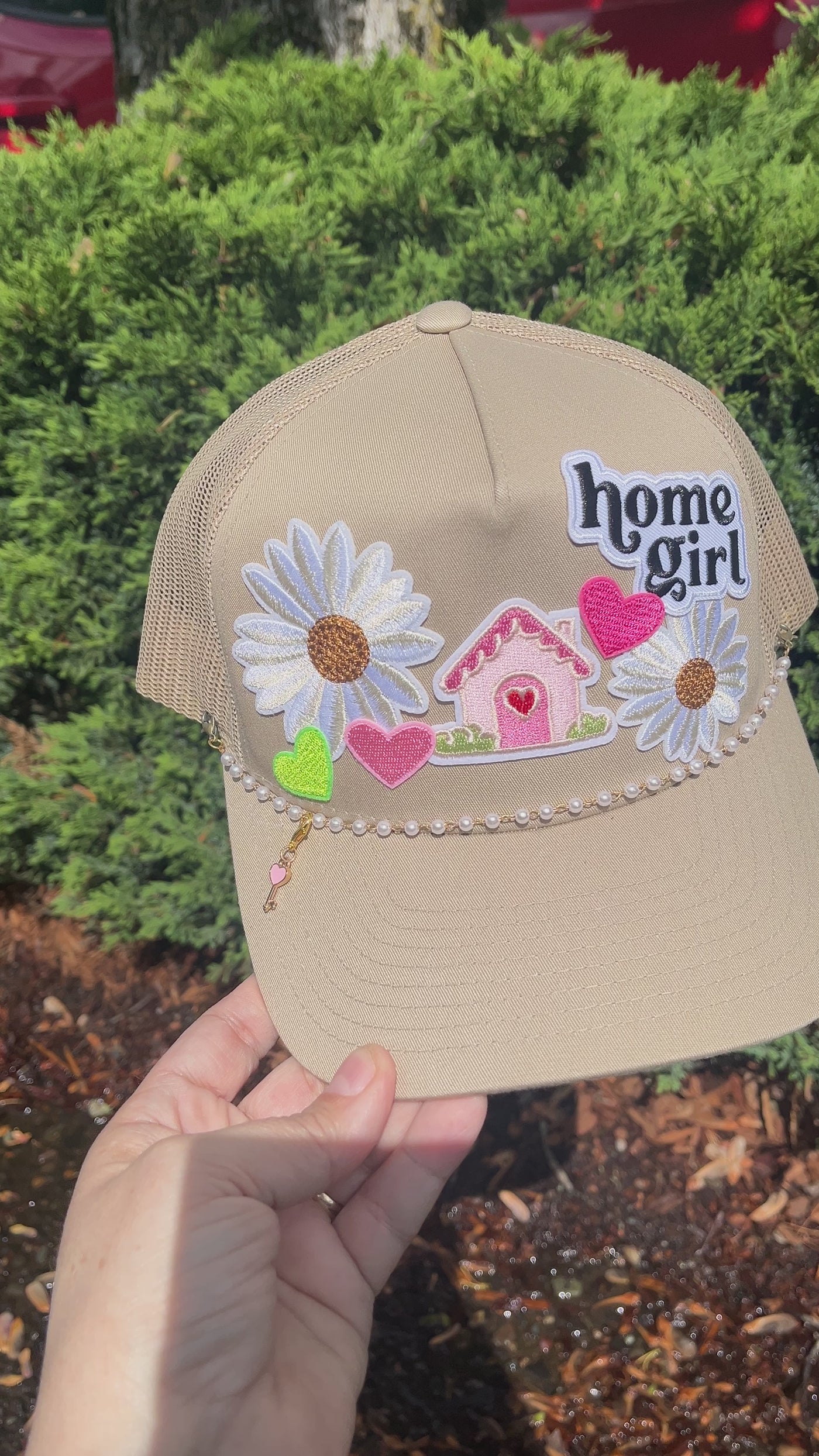 Patch Trucker Hat  - Pink House Patch - Daisies - Hearts - Pearl chain & key charm