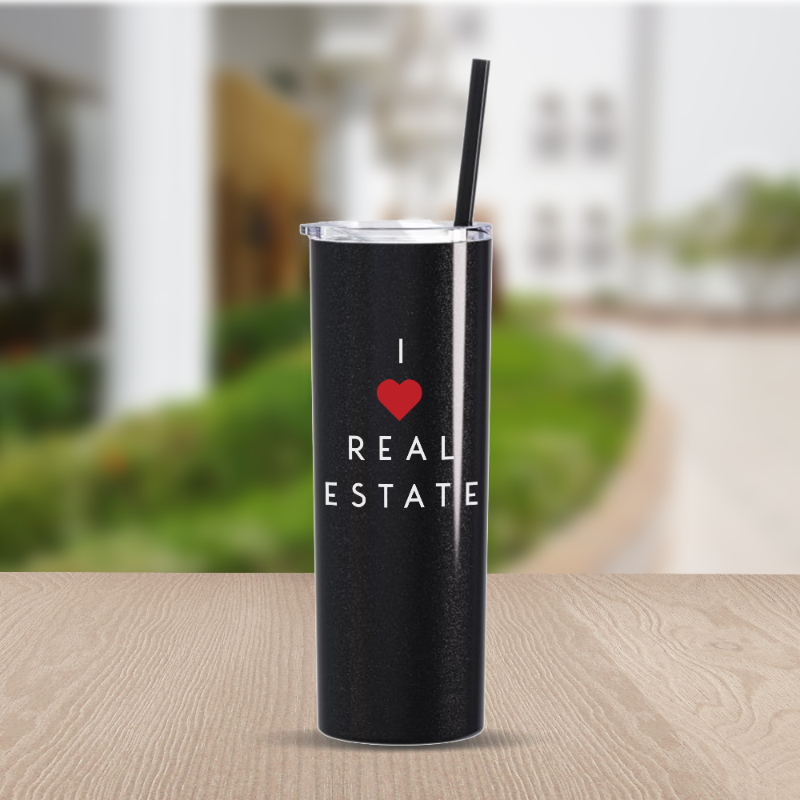 Skinny Tumbler - Black Sparkle I Heart Real Estate from All Things Real Estate Store